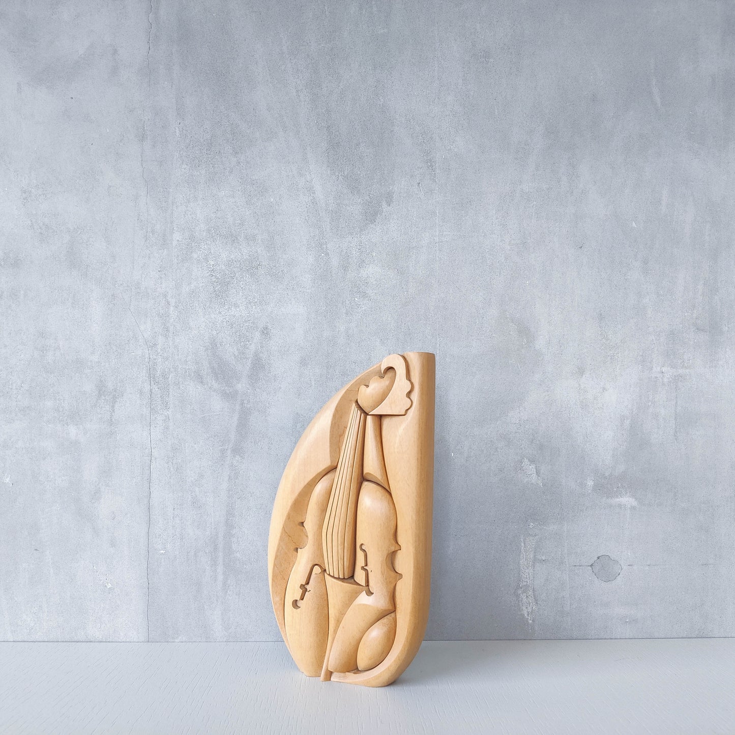 Vintage 00s cubist carved wood violin abstract artist sculpture by Roberto De Fortino