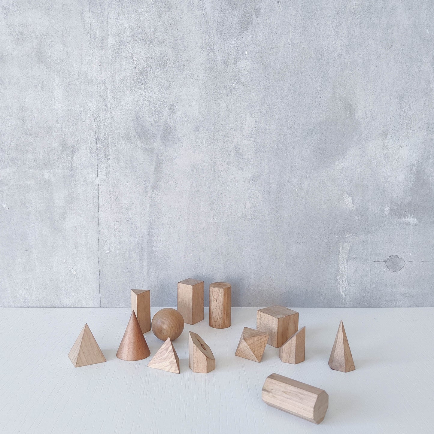 Vintage set wooden teaching drawing models geometric solids 13 piece