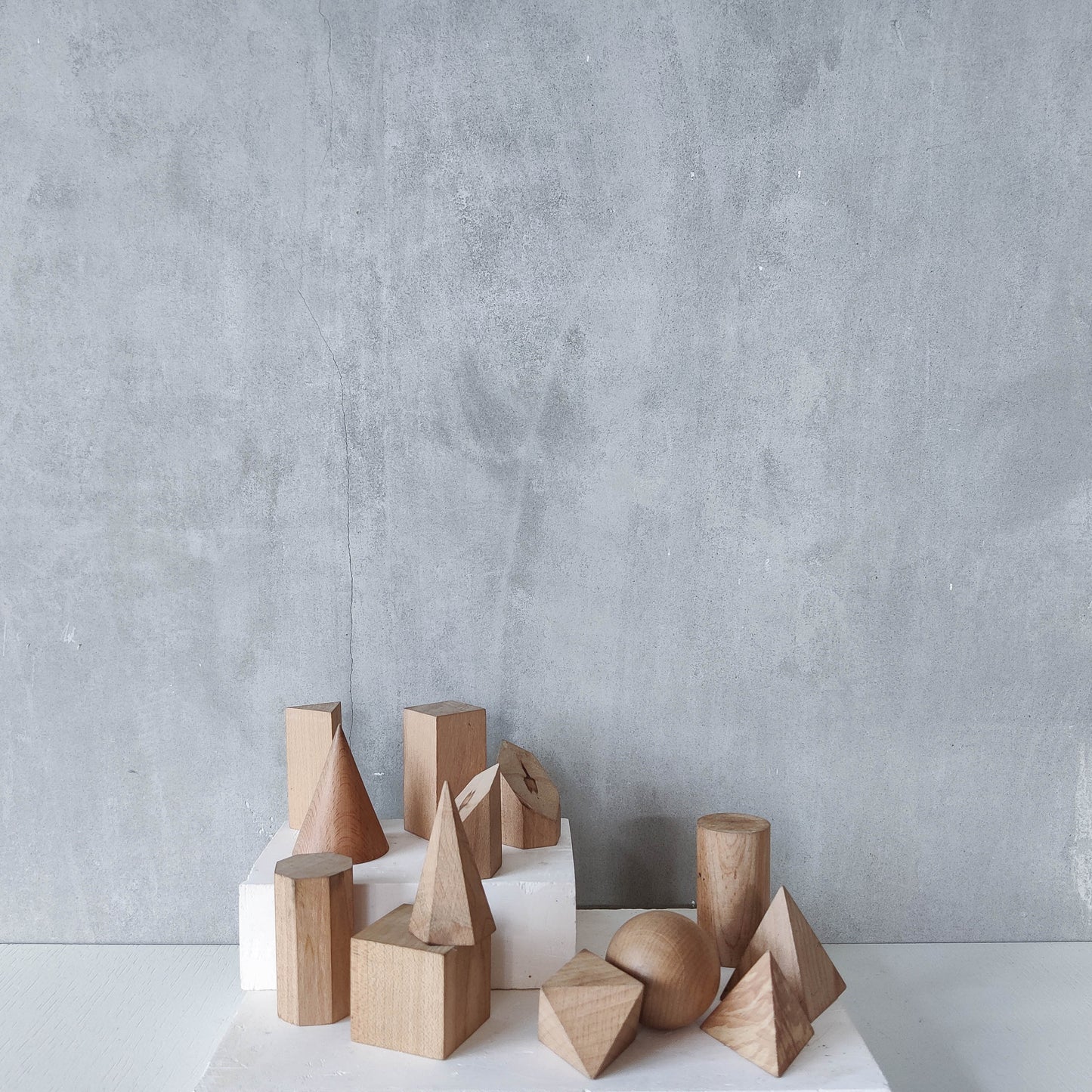 Vintage set wooden teaching drawing models geometric solids 13 piece