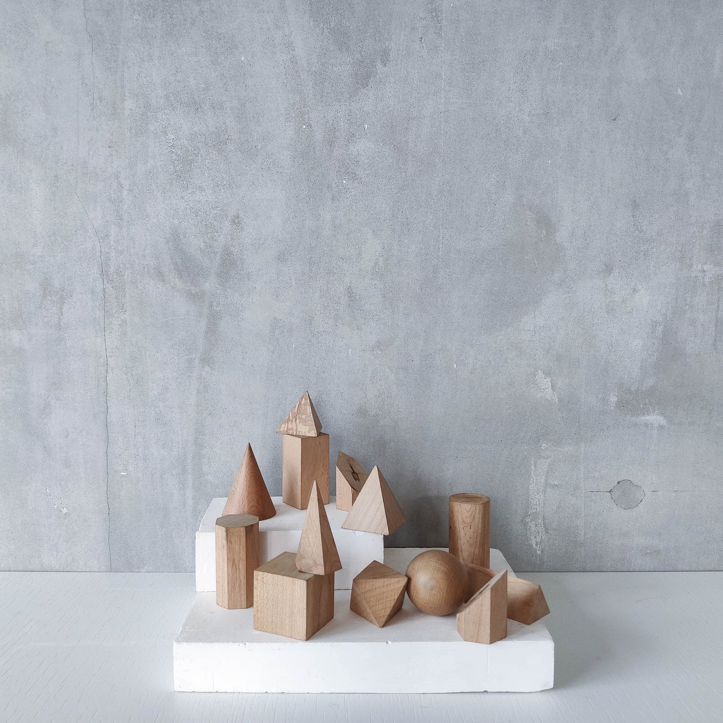 Vintage set wooden teaching drawing models geometric solids 13 piece