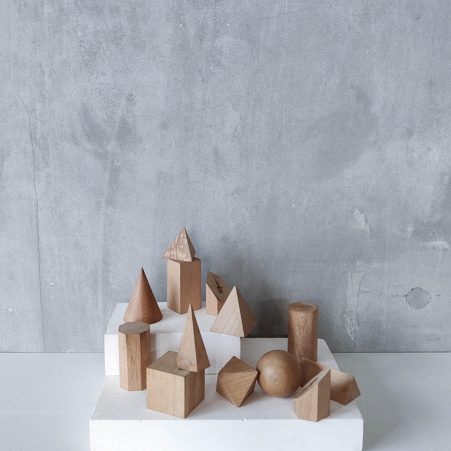 Vintage set wooden teaching drawing models geometric solids 13 piece