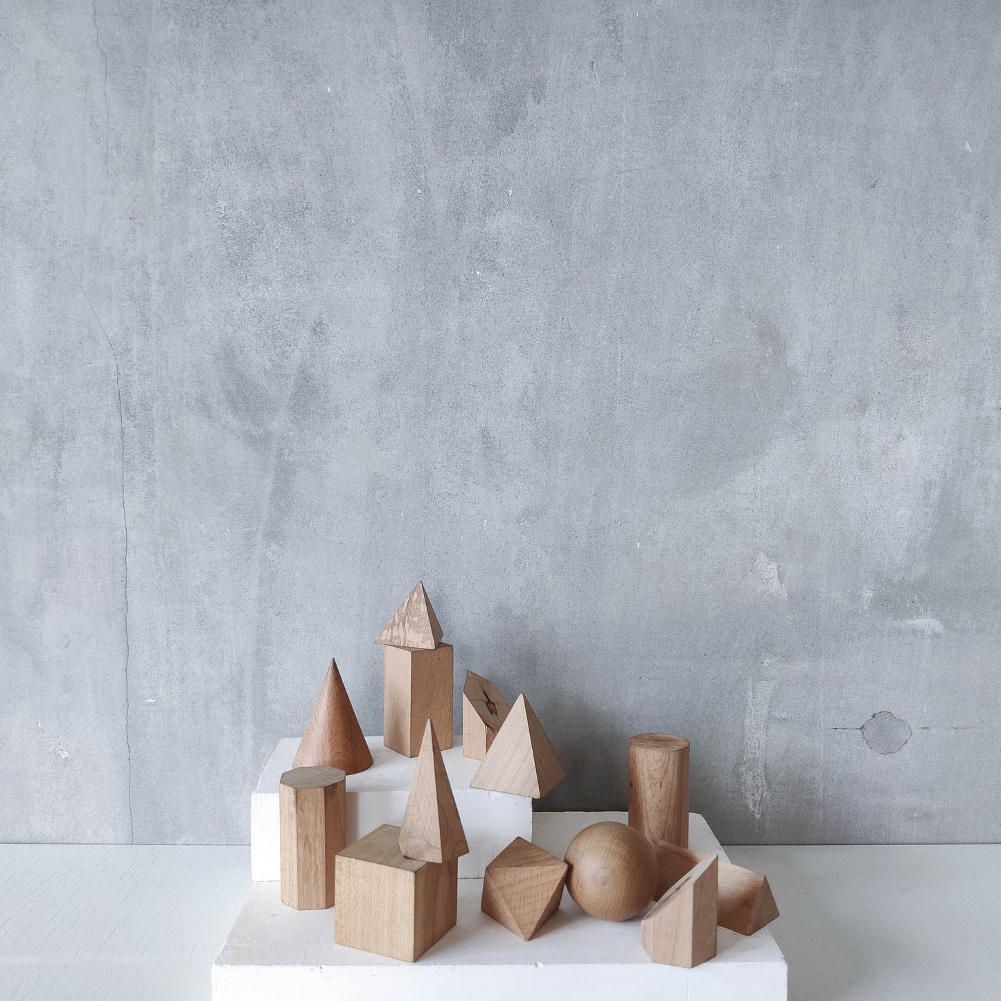 Vintage set wooden teaching drawing models geometric solids 13 piece