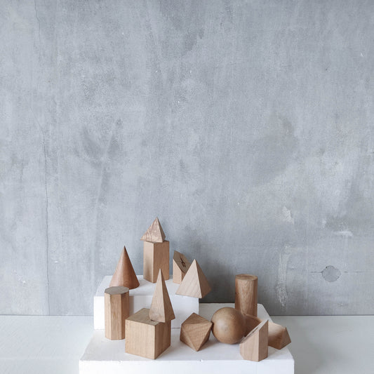 Vintage set wooden teaching drawing models geometric solids 13 piece