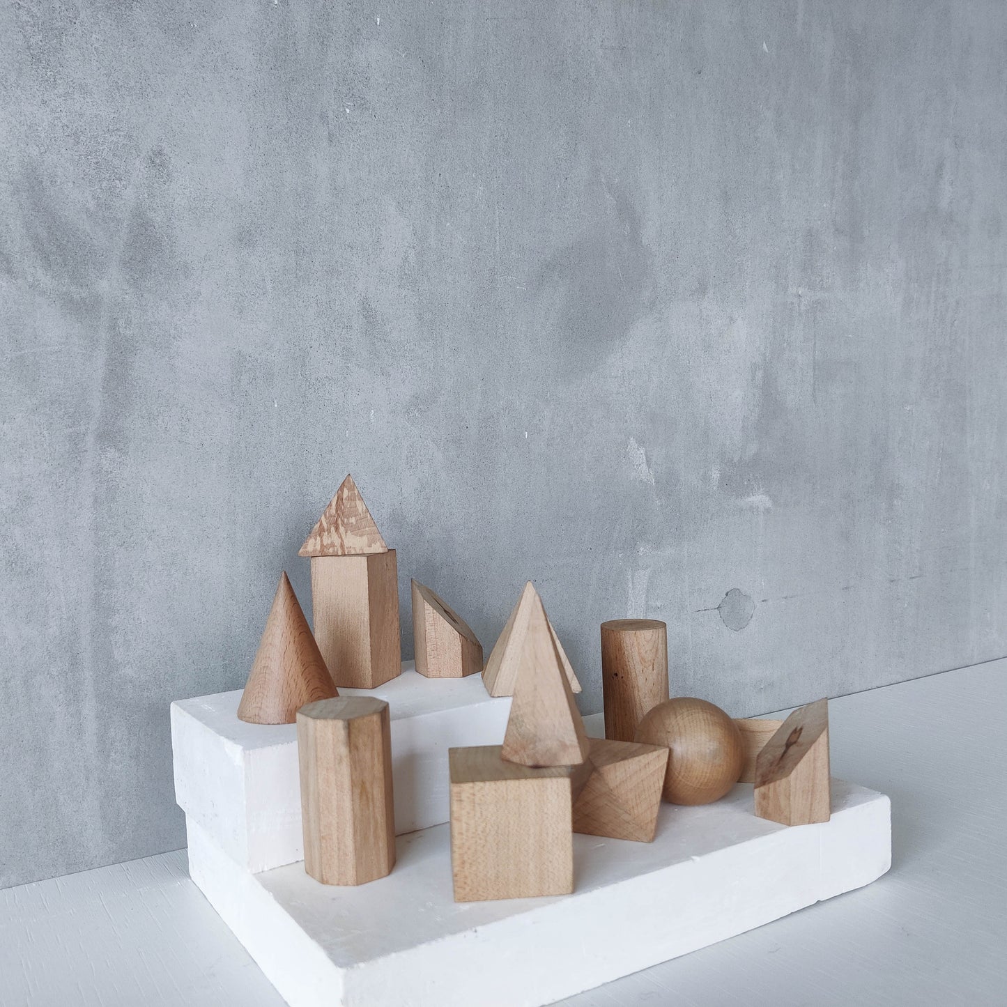 Vintage set wooden teaching drawing models geometric solids 13 piece