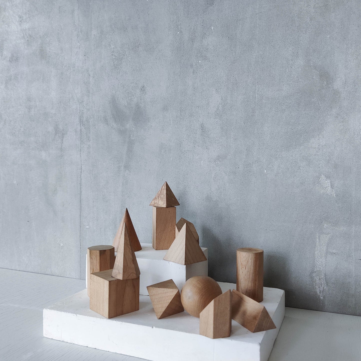 Vintage set wooden teaching drawing models geometric solids 13 piece