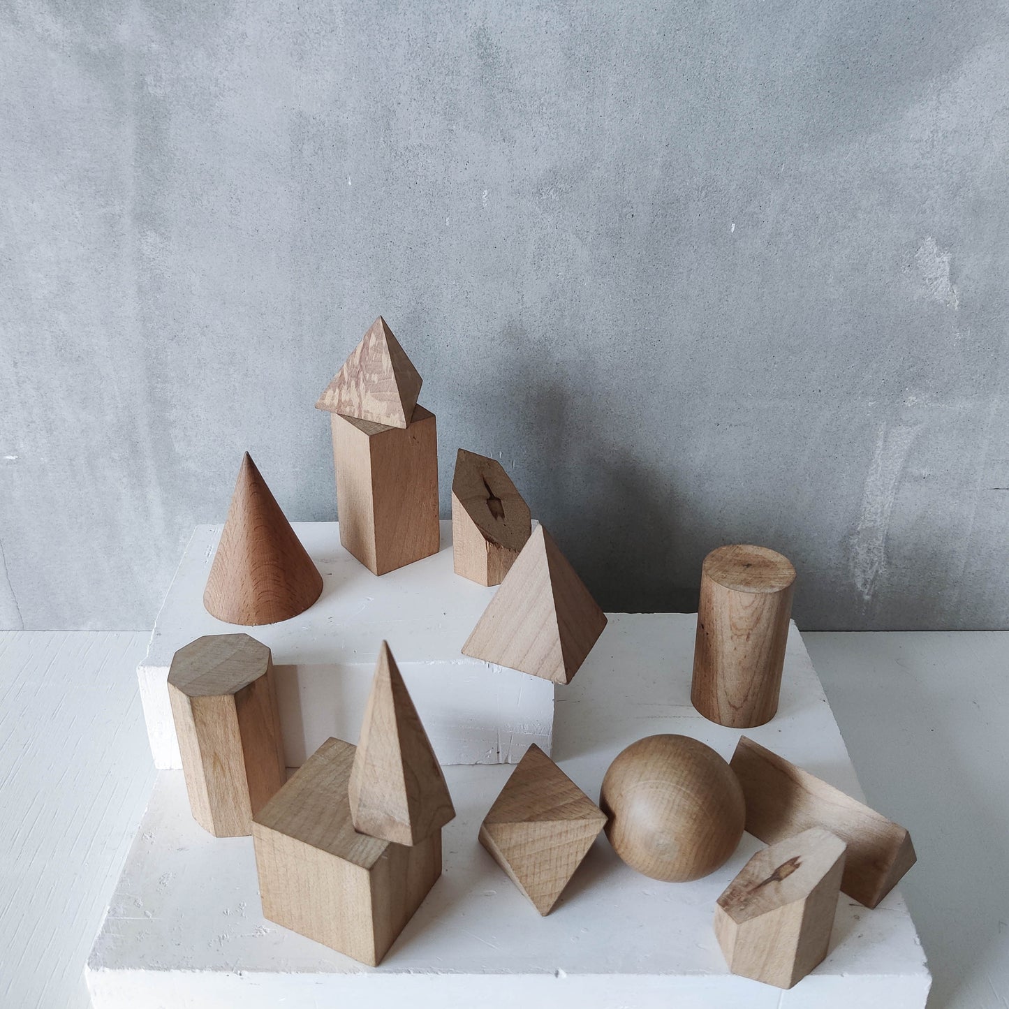 Vintage set wooden teaching drawing models geometric solids 13 piece