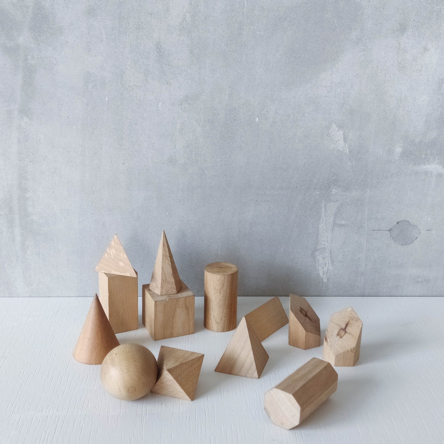 Vintage set wooden teaching drawing models geometric solids 13 piece