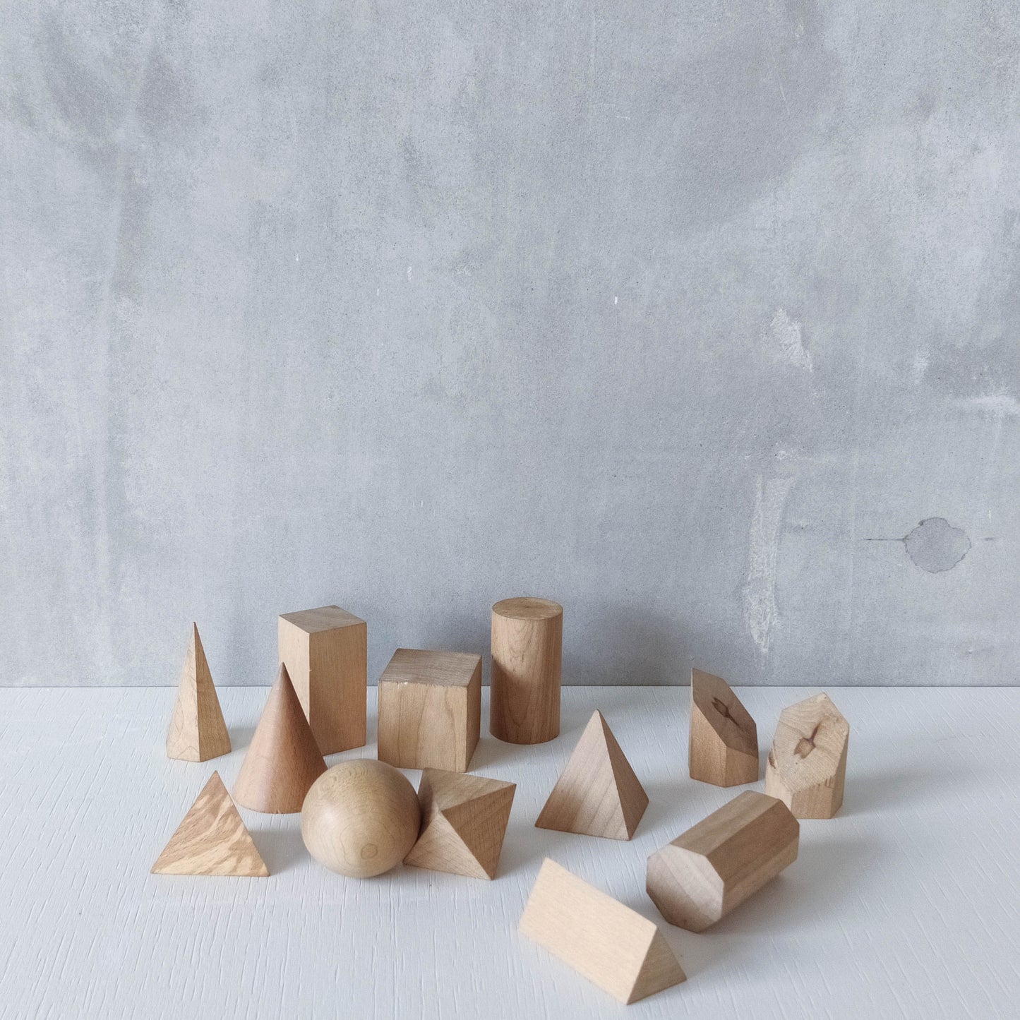 Vintage set wooden teaching drawing models geometric solids 13 piece