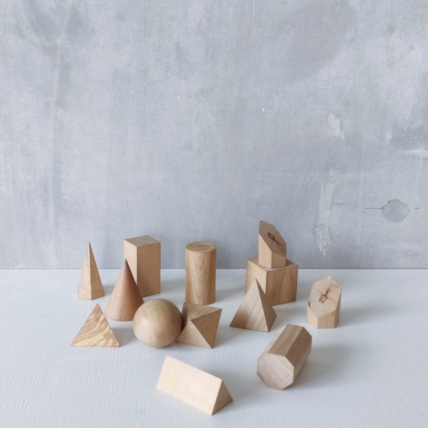 Vintage set wooden teaching drawing models geometric solids 13 piece