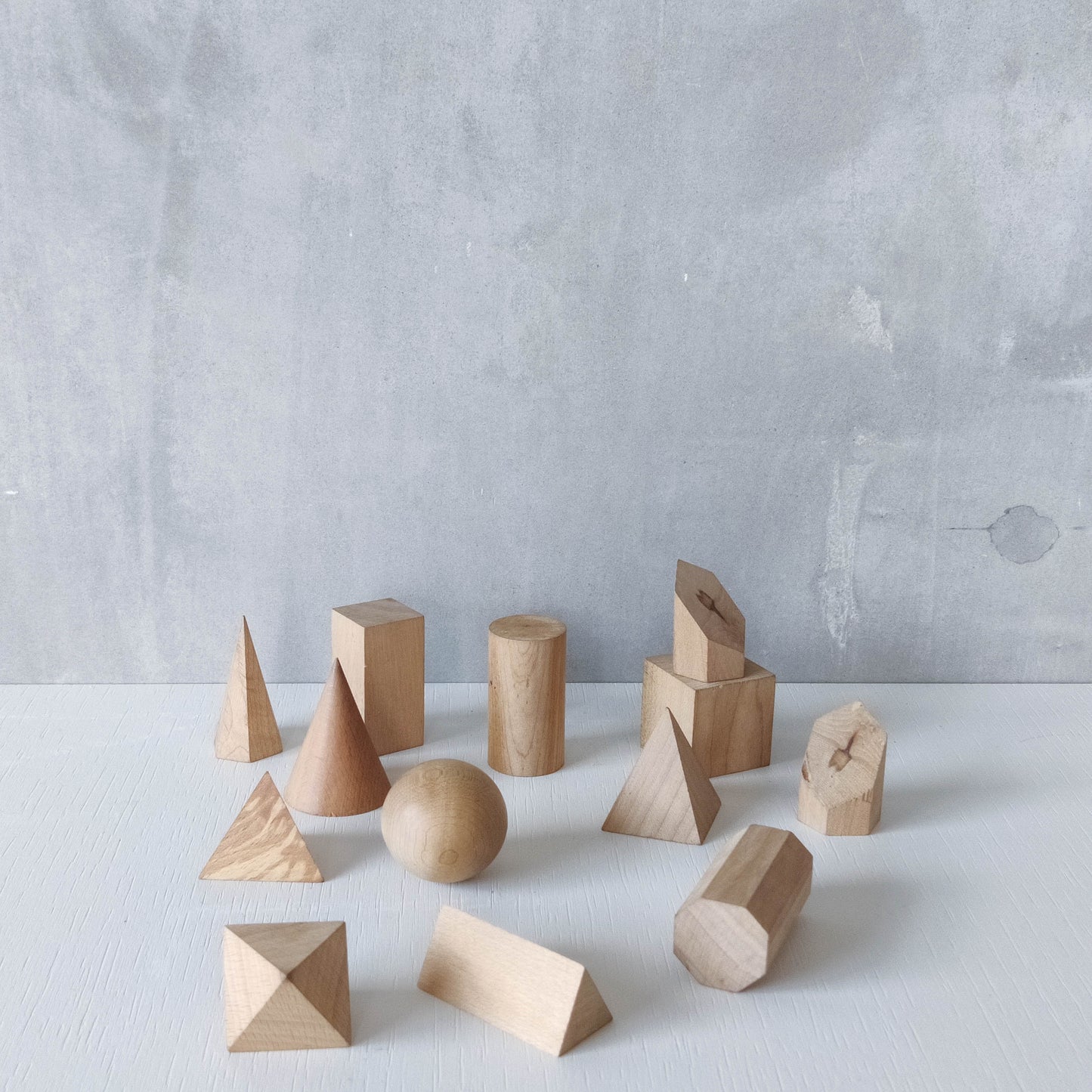 Vintage set wooden teaching drawing models geometric solids 13 piece