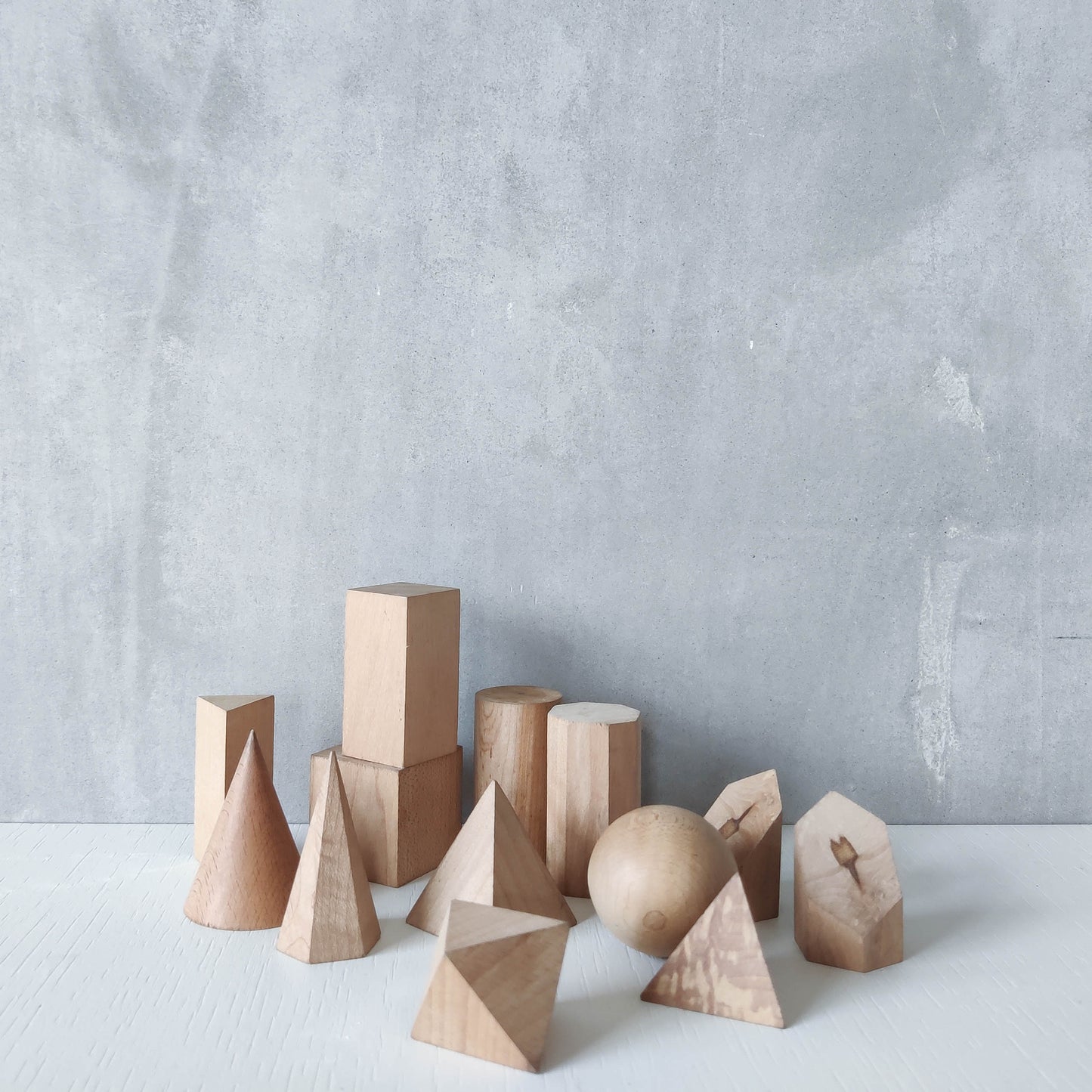 Vintage set wooden teaching drawing models geometric solids 13 piece