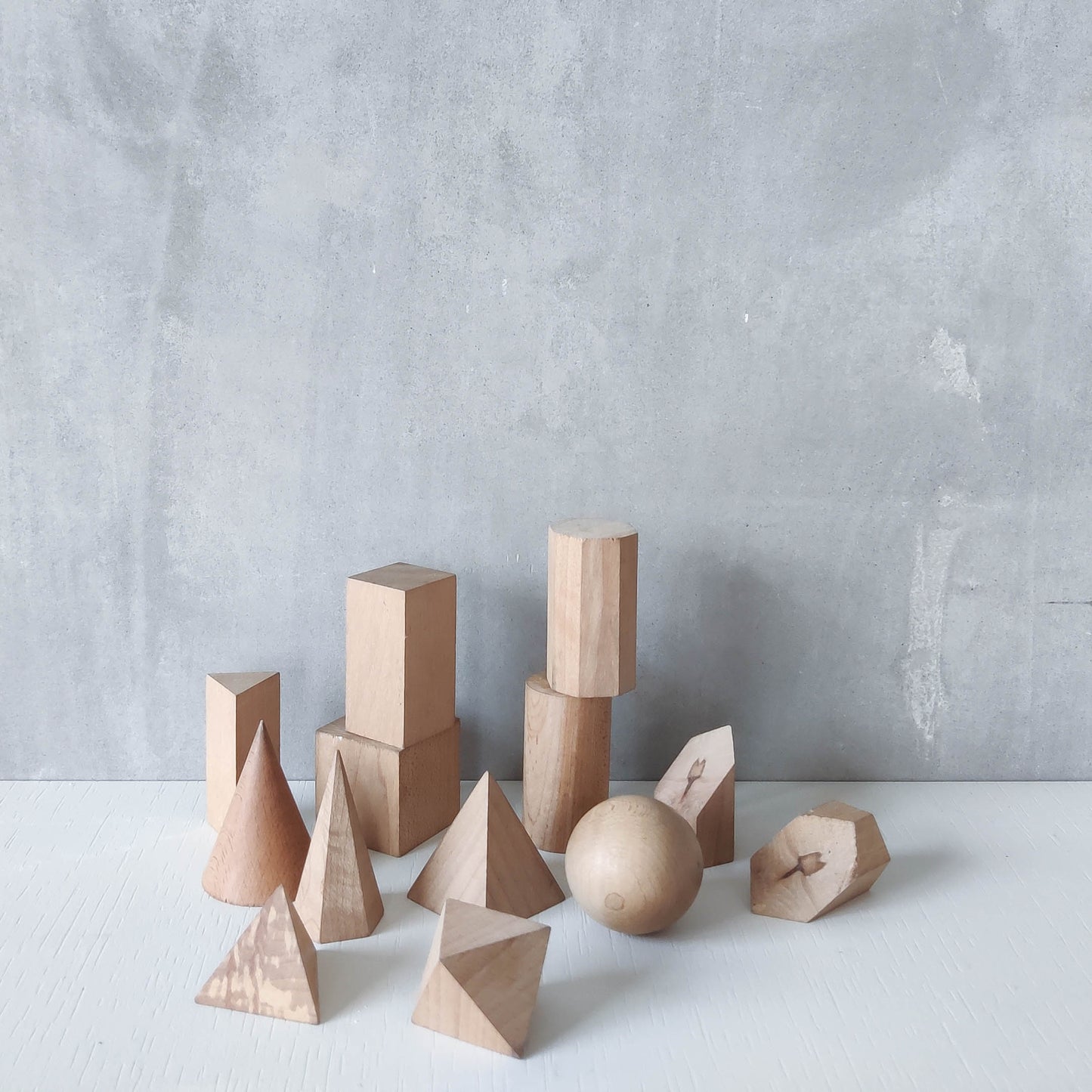 Vintage set wooden teaching drawing models geometric solids 13 piece