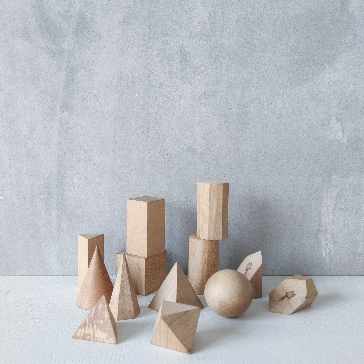 Vintage set wooden teaching drawing models geometric solids 13 piece