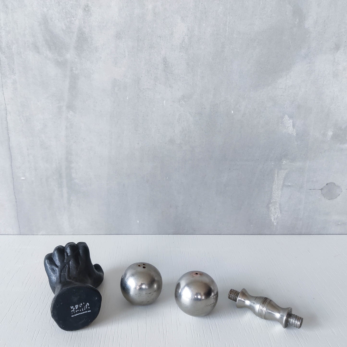 Vintage whimsical pop art Michael Aram salt & pepper shaker metal barbell hand