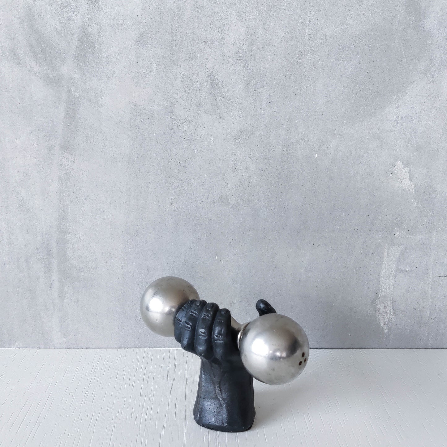 Vintage whimsical pop art Michael Aram salt & pepper shaker metal barbell hand