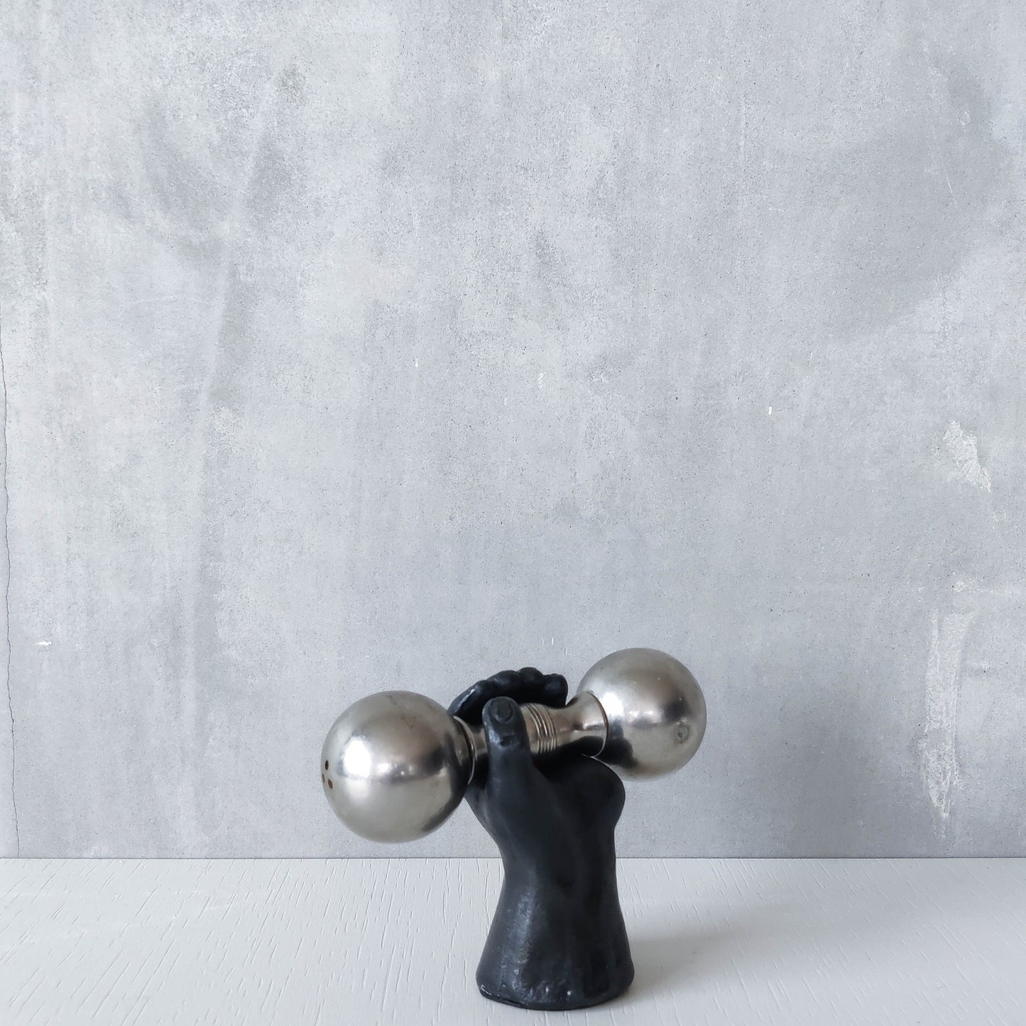 Vintage whimsical pop art Michael Aram salt & pepper shaker metal barbell hand