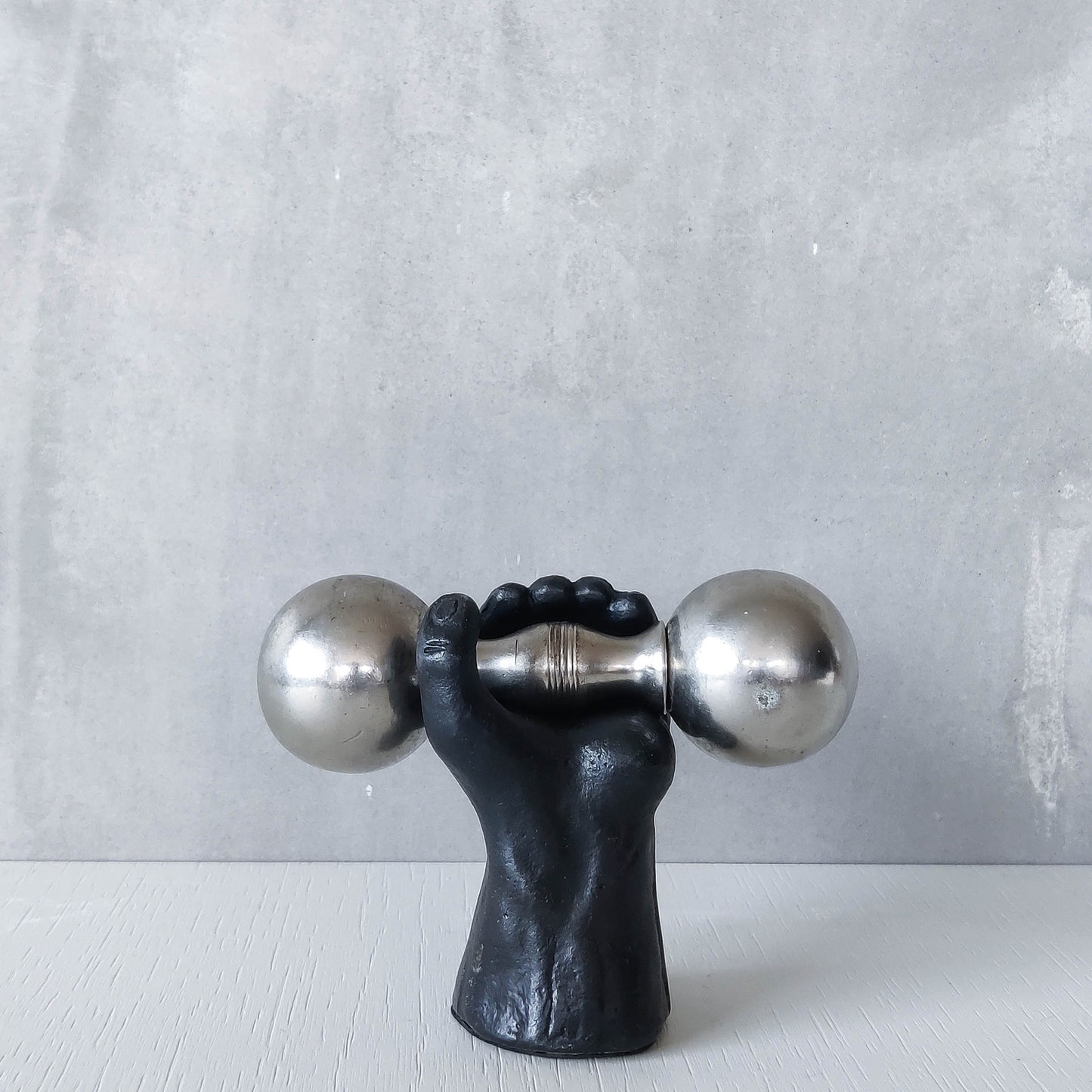 Vintage whimsical pop art Michael Aram salt & pepper shaker metal barbell hand