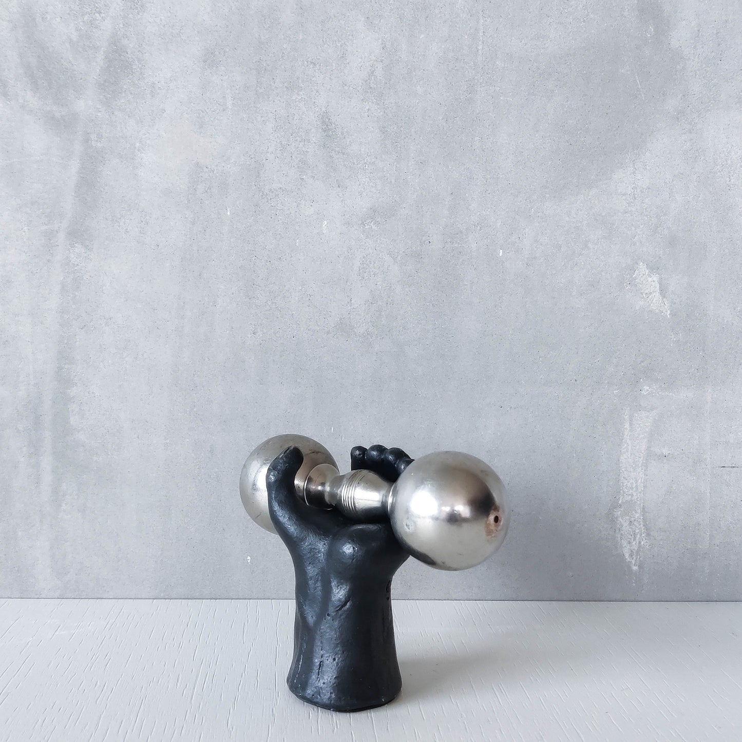 Vintage whimsical pop art Michael Aram salt & pepper shaker metal barbell hand