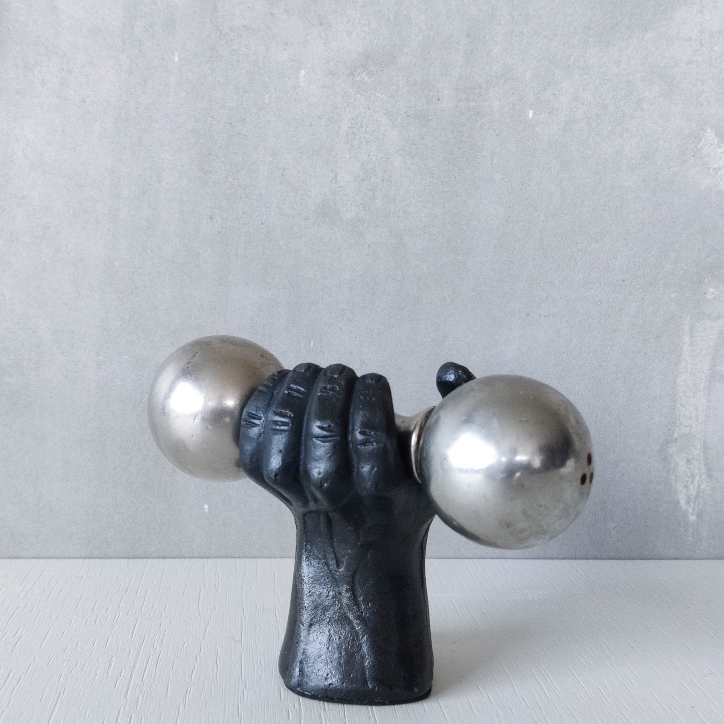 Vintage whimsical pop art Michael Aram salt & pepper shaker metal barbell hand