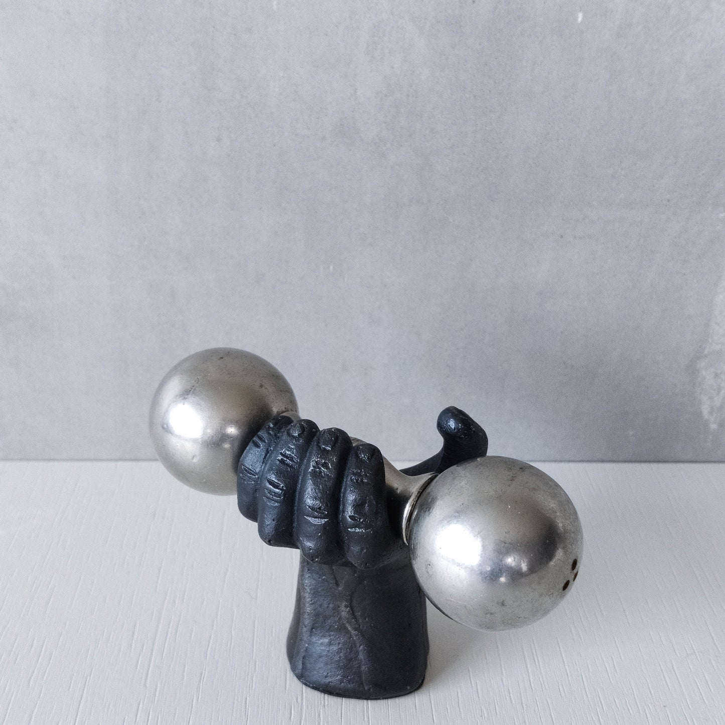Vintage whimsical pop art Michael Aram salt & pepper shaker metal barbell hand