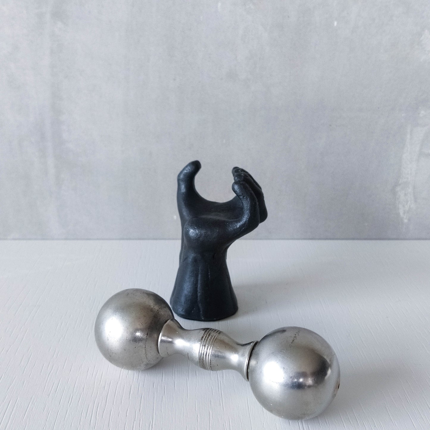 Vintage whimsical pop art Michael Aram salt & pepper shaker metal barbell hand