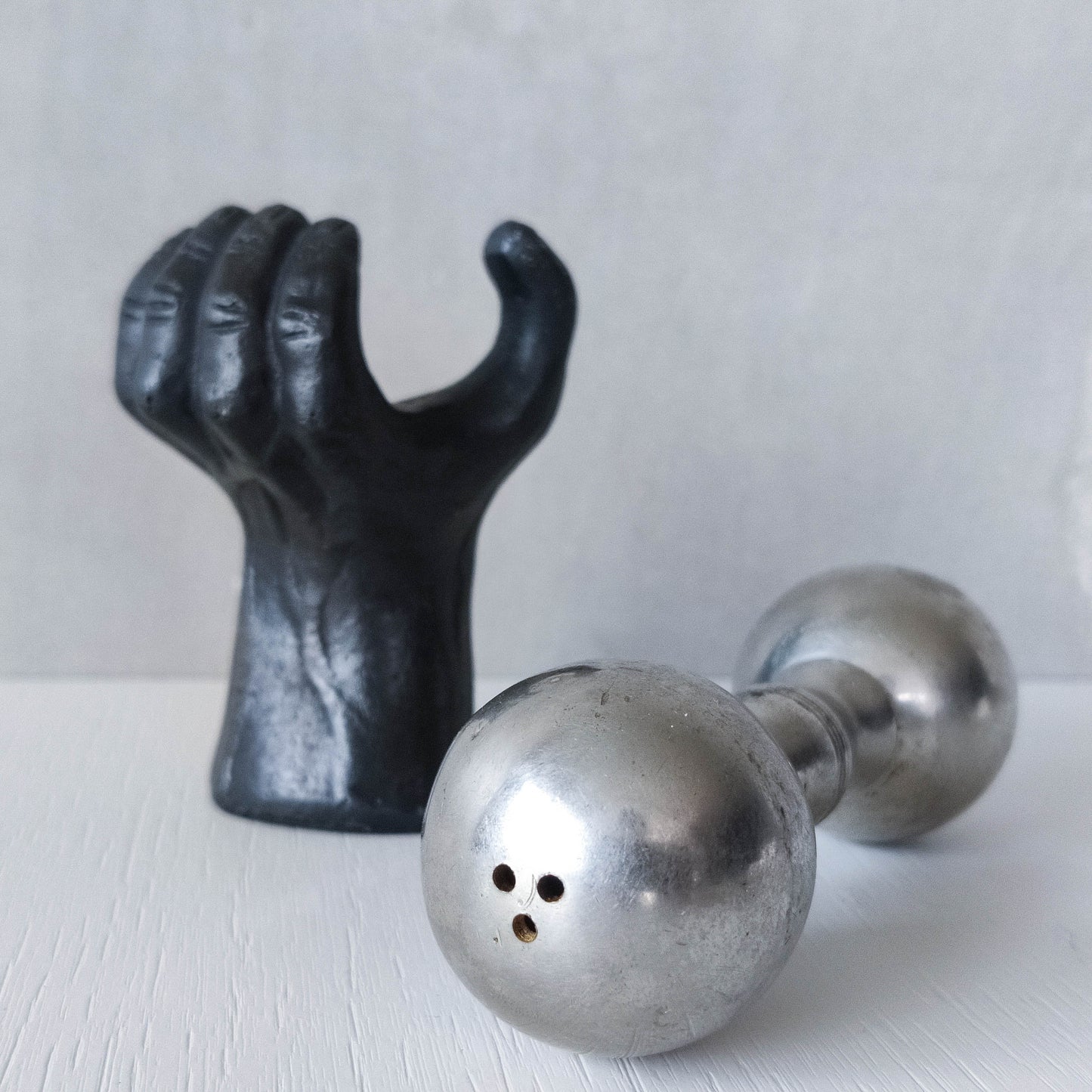 Vintage whimsical pop art Michael Aram salt & pepper shaker metal barbell hand