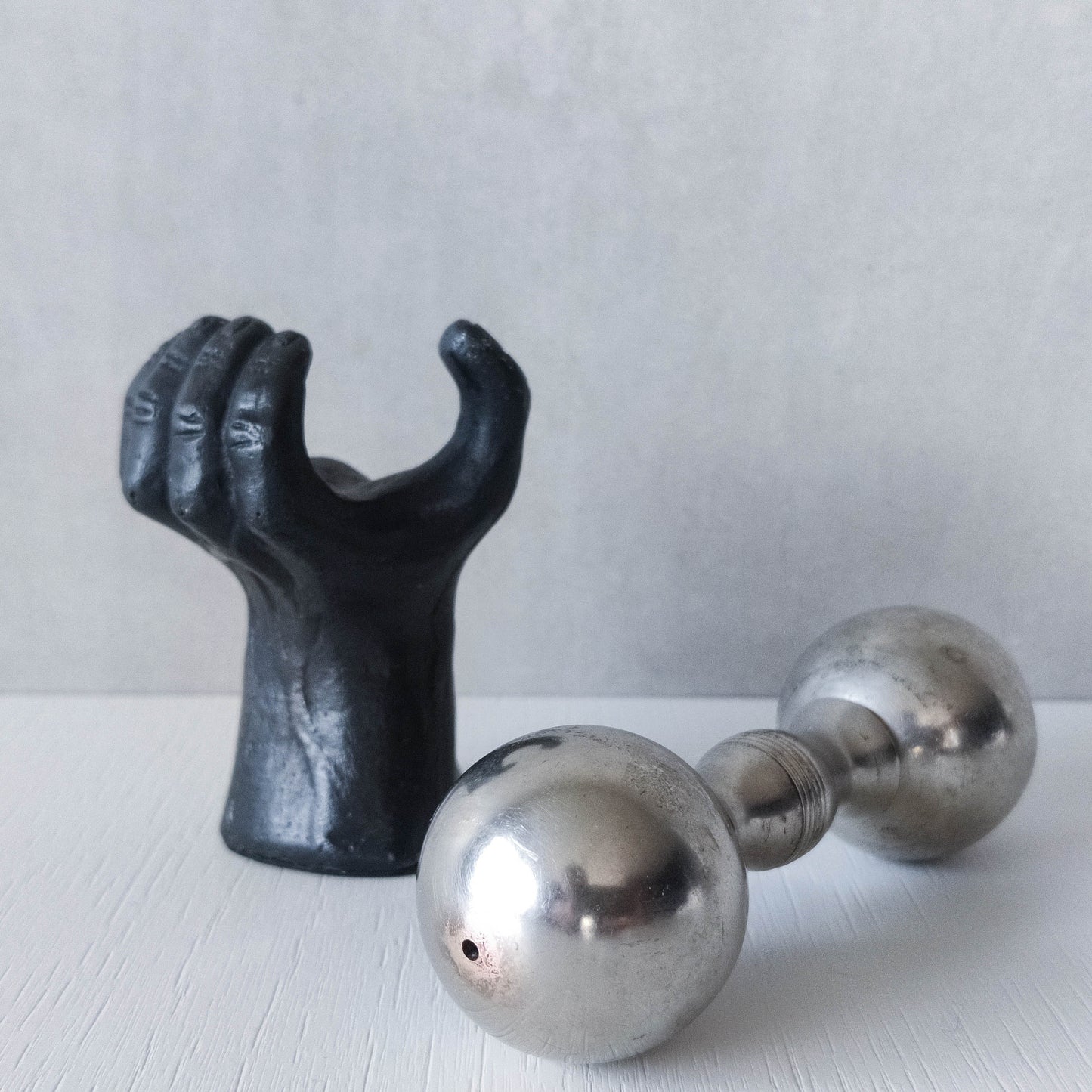 Vintage whimsical pop art Michael Aram salt & pepper shaker metal barbell hand