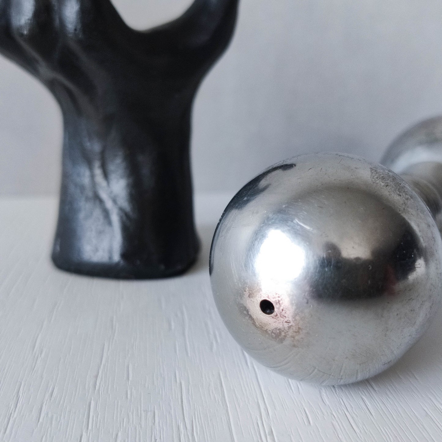 Vintage whimsical pop art Michael Aram salt & pepper shaker metal barbell hand