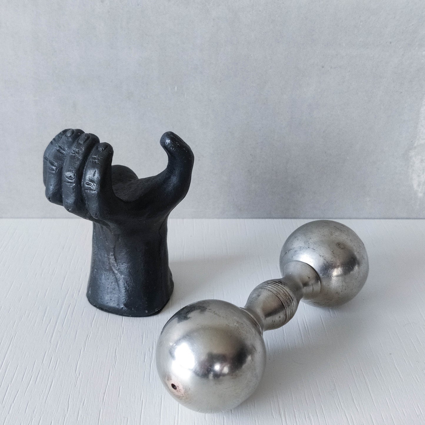 Vintage whimsical pop art Michael Aram salt & pepper shaker metal barbell hand