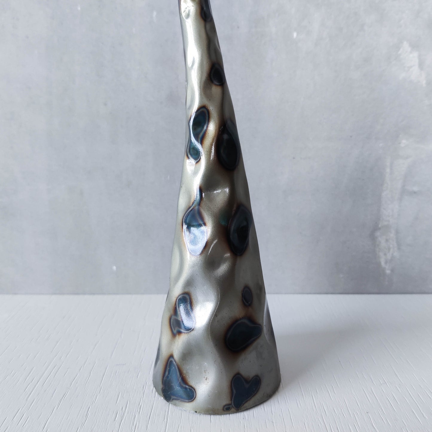 Vintage brutalist style torched sculptural steel candle holder with pricket top