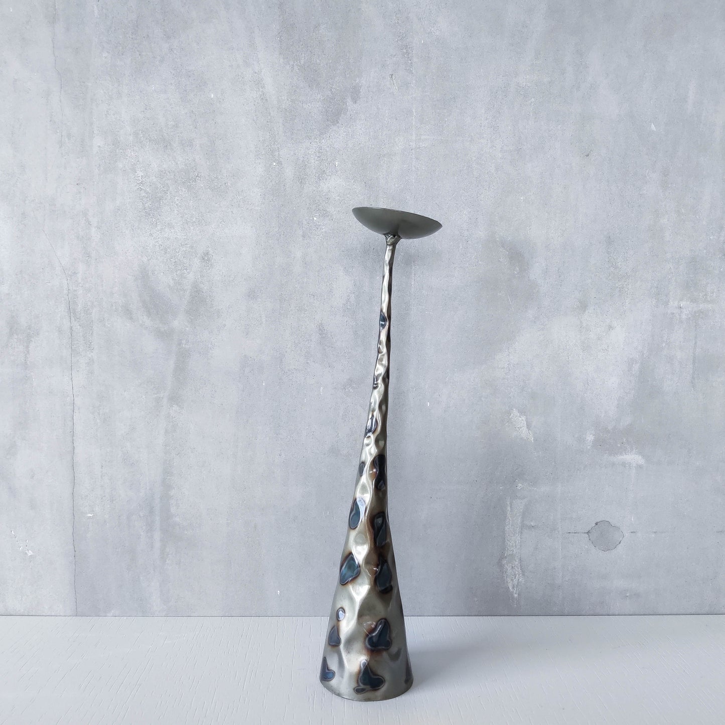 Vintage brutalist style torched sculptural steel candle holder with pricket top