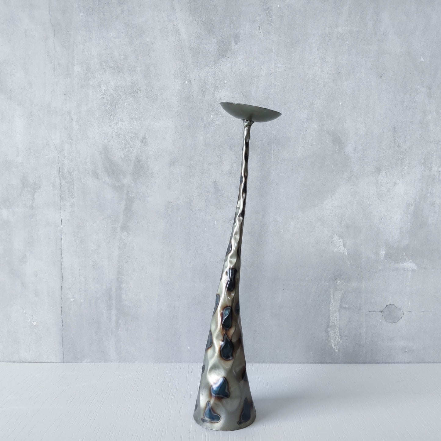 Vintage brutalist style torched sculptural steel candle holder with pricket top