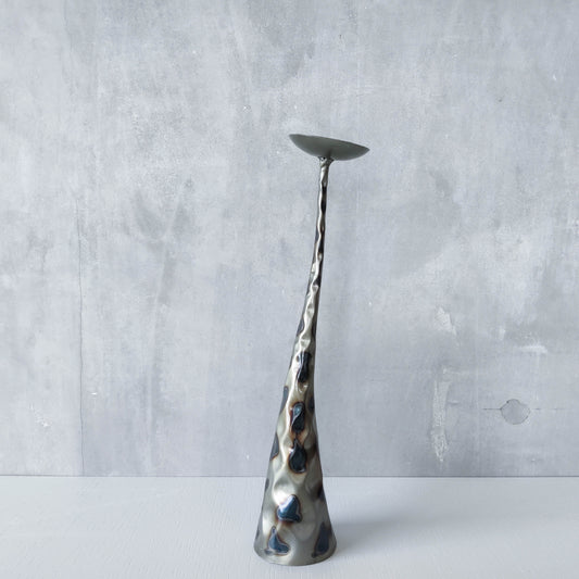 Vintage brutalist style torched sculptural steel candle holder with pricket top