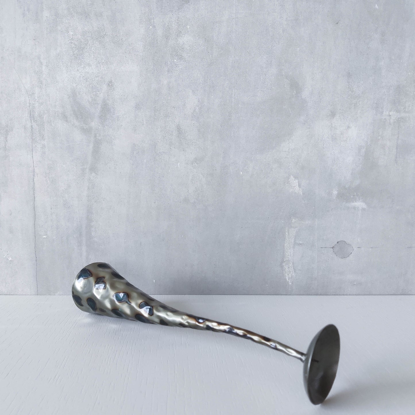 Vintage brutalist style torched sculptural steel candle holder with pricket top