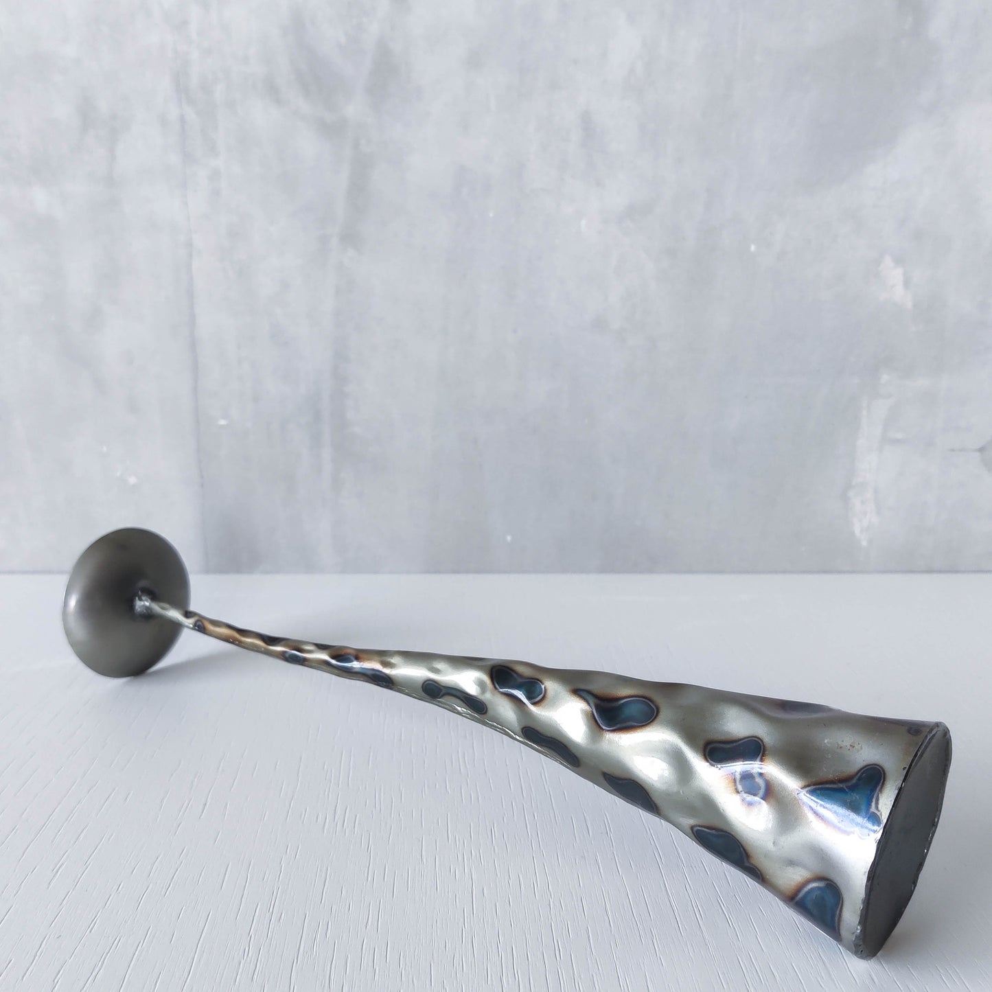 Vintage brutalist style torched sculptural steel candle holder with pricket top