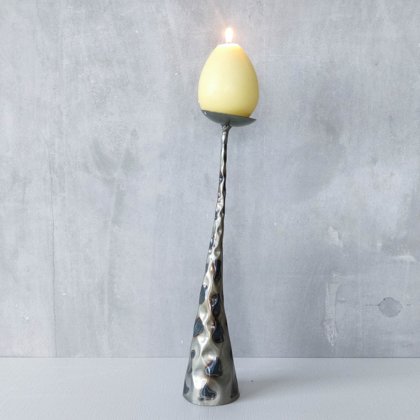Vintage brutalist style torched sculptural steel candle holder with pricket top
