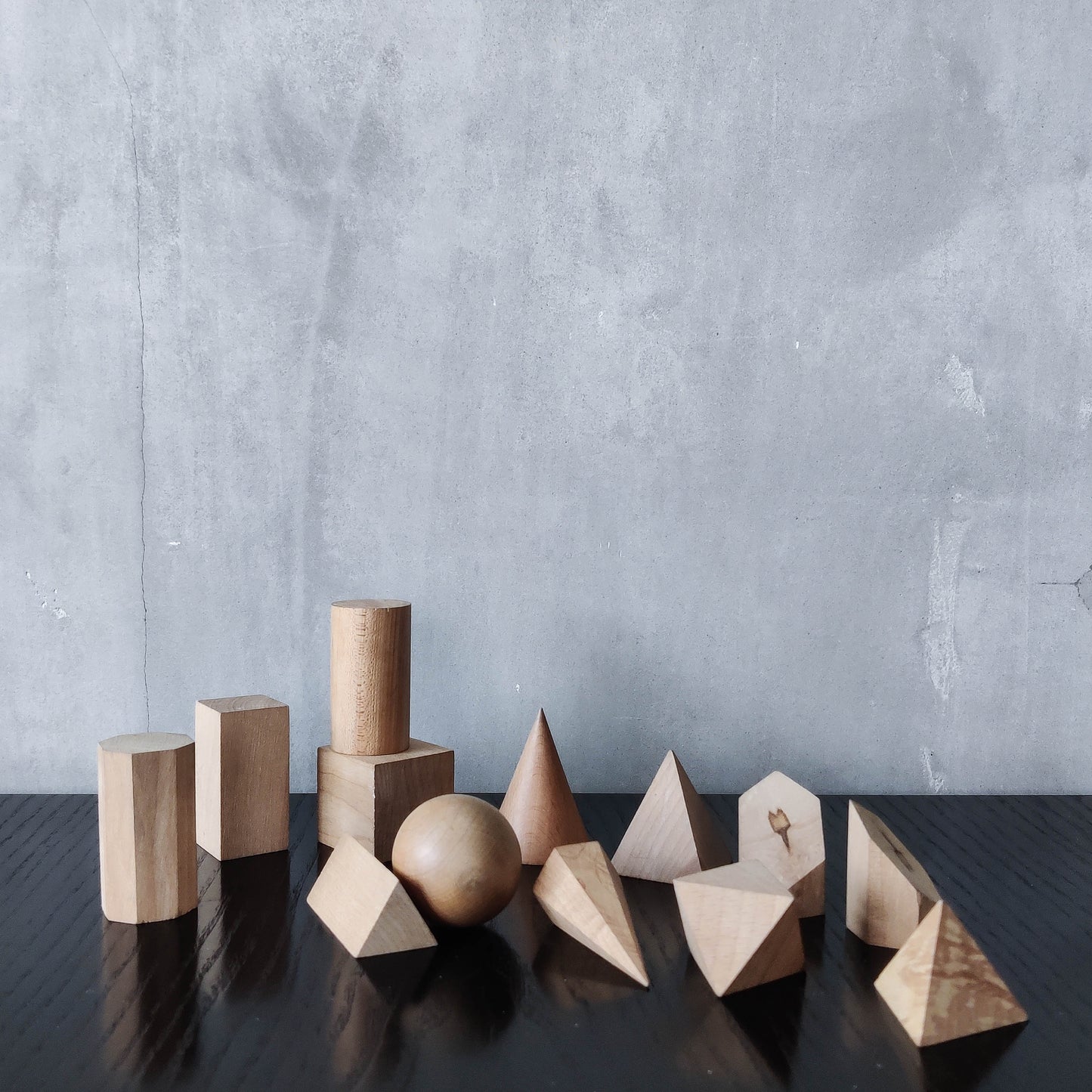 Vintage set wooden teaching drawing models geometric solids 13 piece