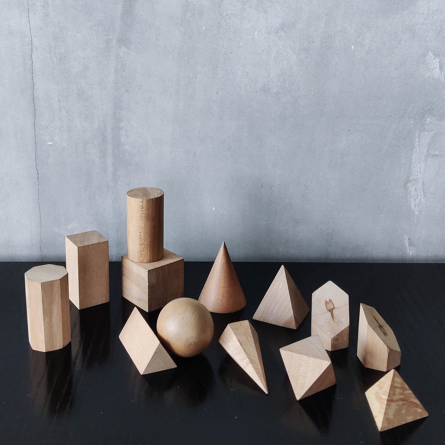 Vintage set wooden teaching drawing models geometric solids 13 piece