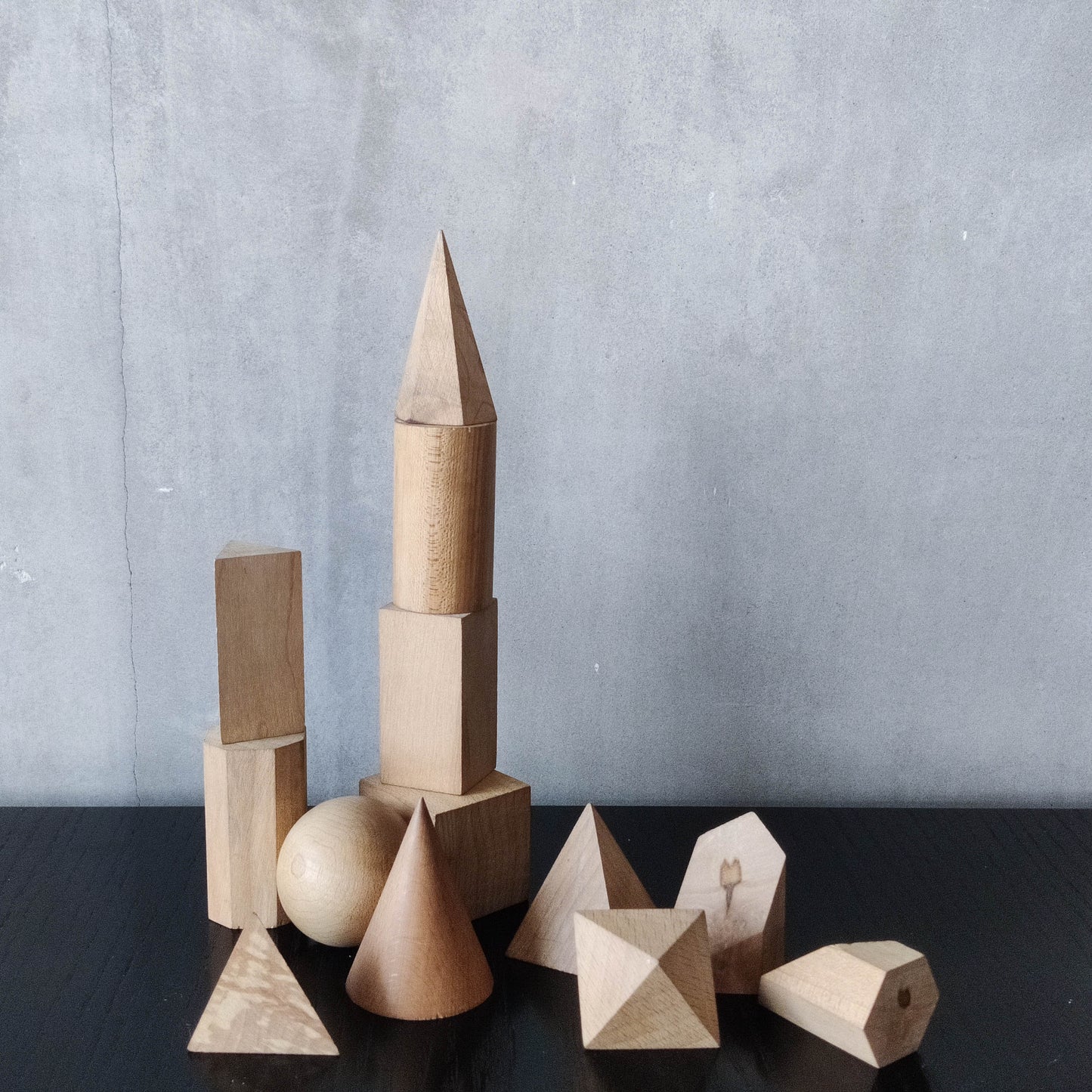 Vintage set wooden teaching drawing models geometric solids 13 piece