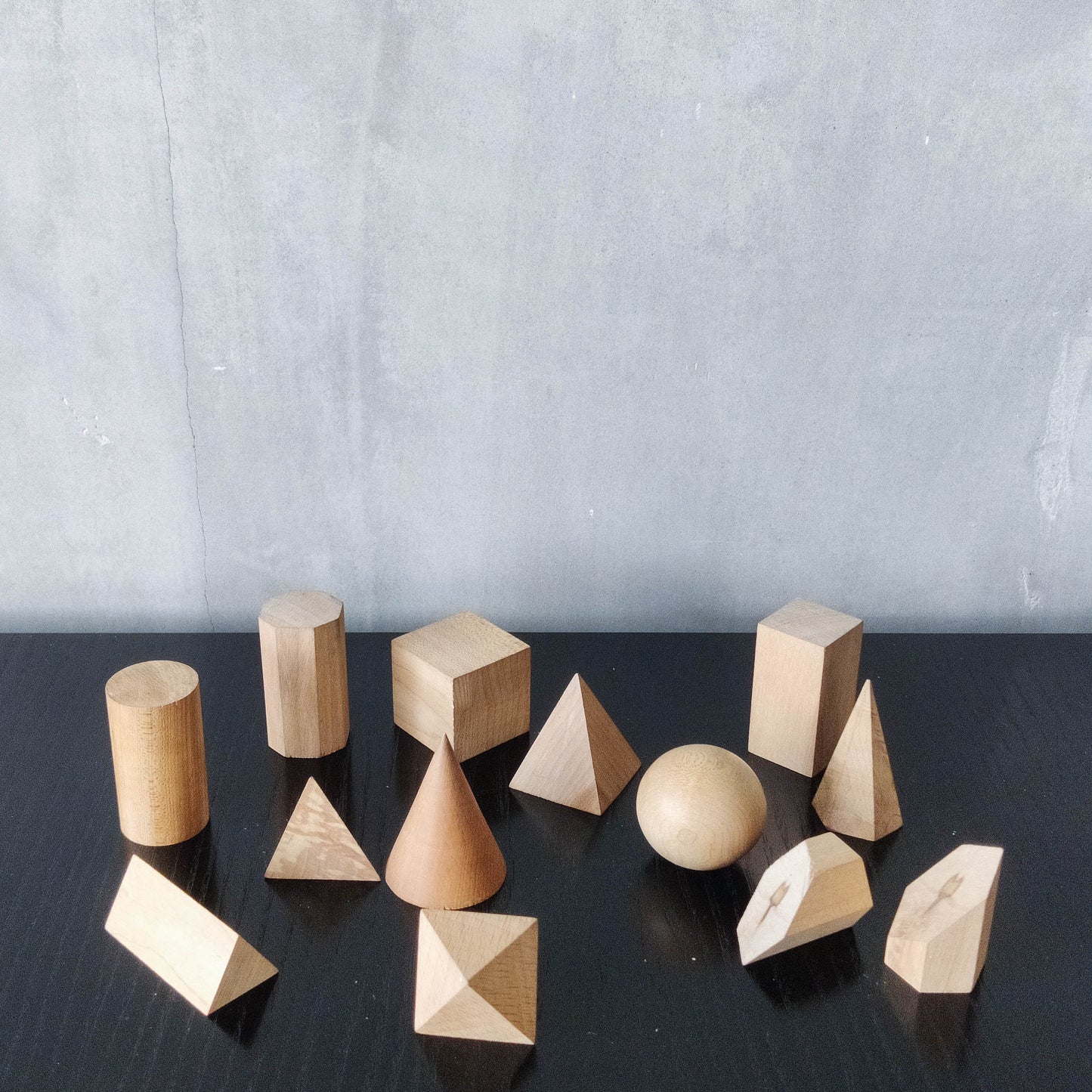 Vintage set wooden teaching drawing models geometric solids 13 piece