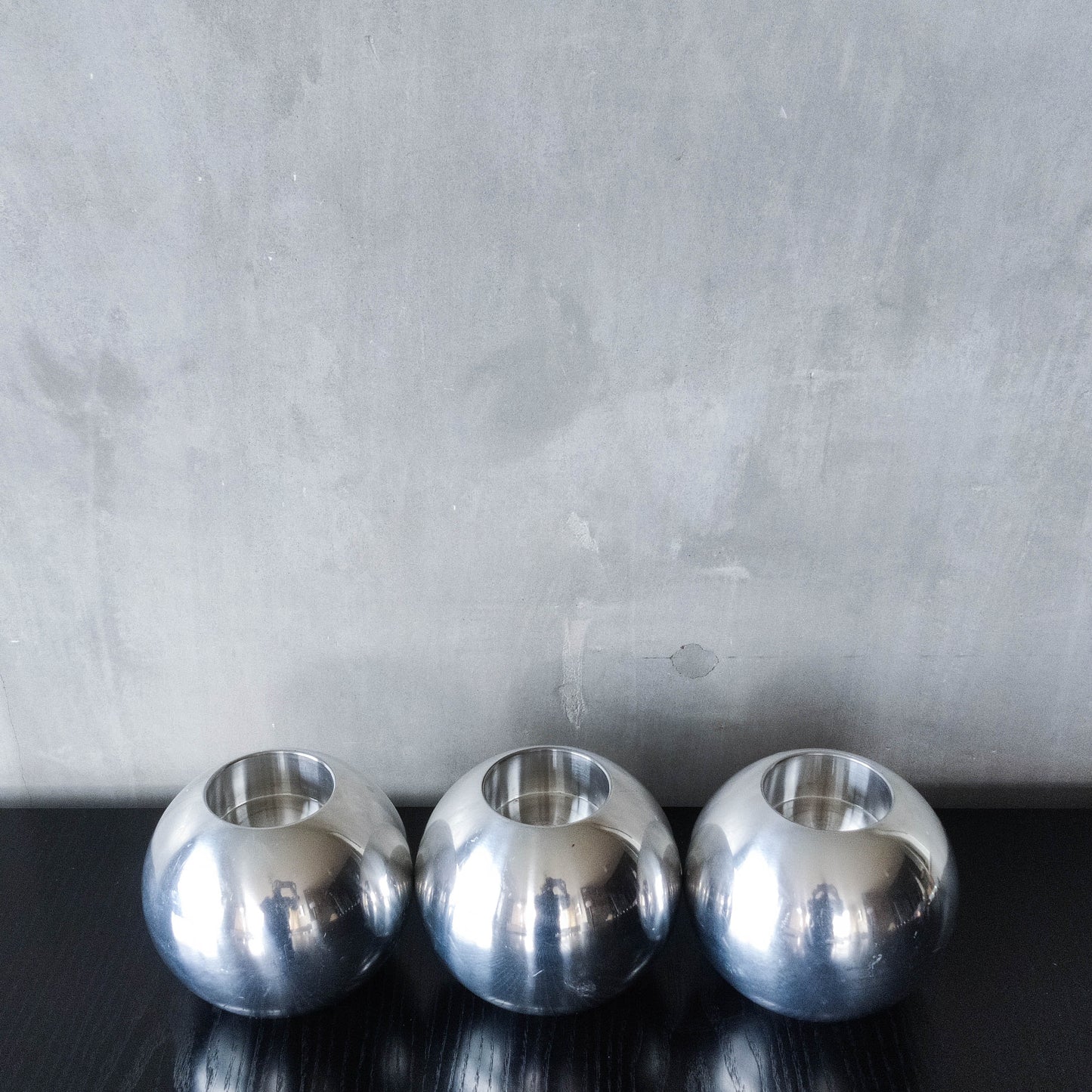 Trio of vintage 00s Ikea NÄSSJÖ aluminium sphere candle holders Ehlén Johansson