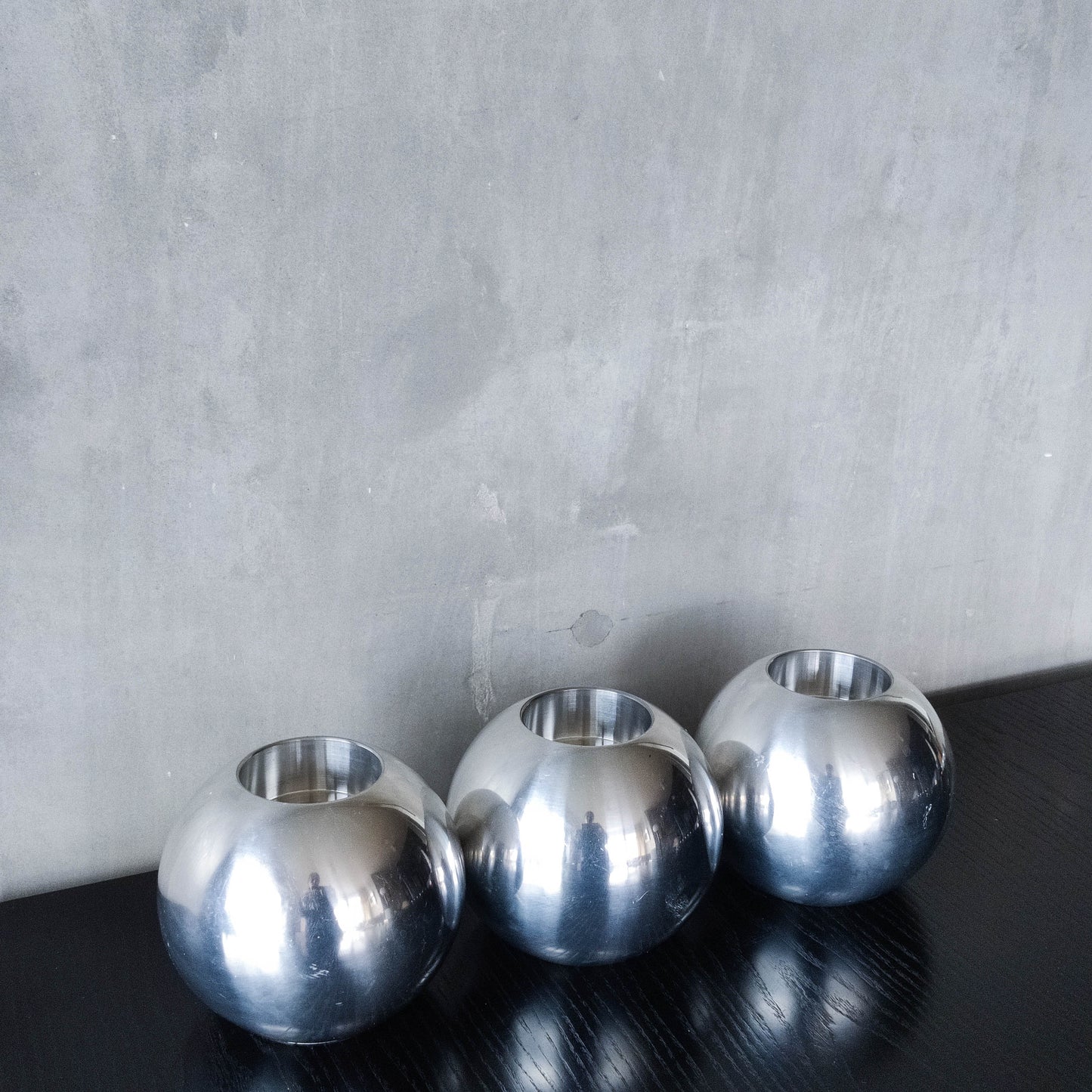 Trio of vintage 00s Ikea NÄSSJÖ aluminium sphere candle holders Ehlén Johansson