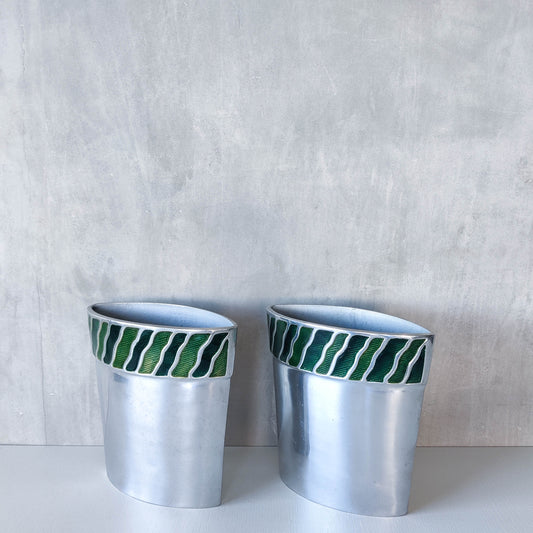 Pair of vintage 00s cast aluminium sculptural vases with green enamel wave inlay