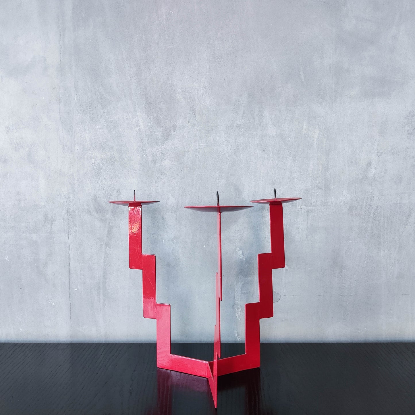 Vintage postmodern style large red steel zigzag candelabra