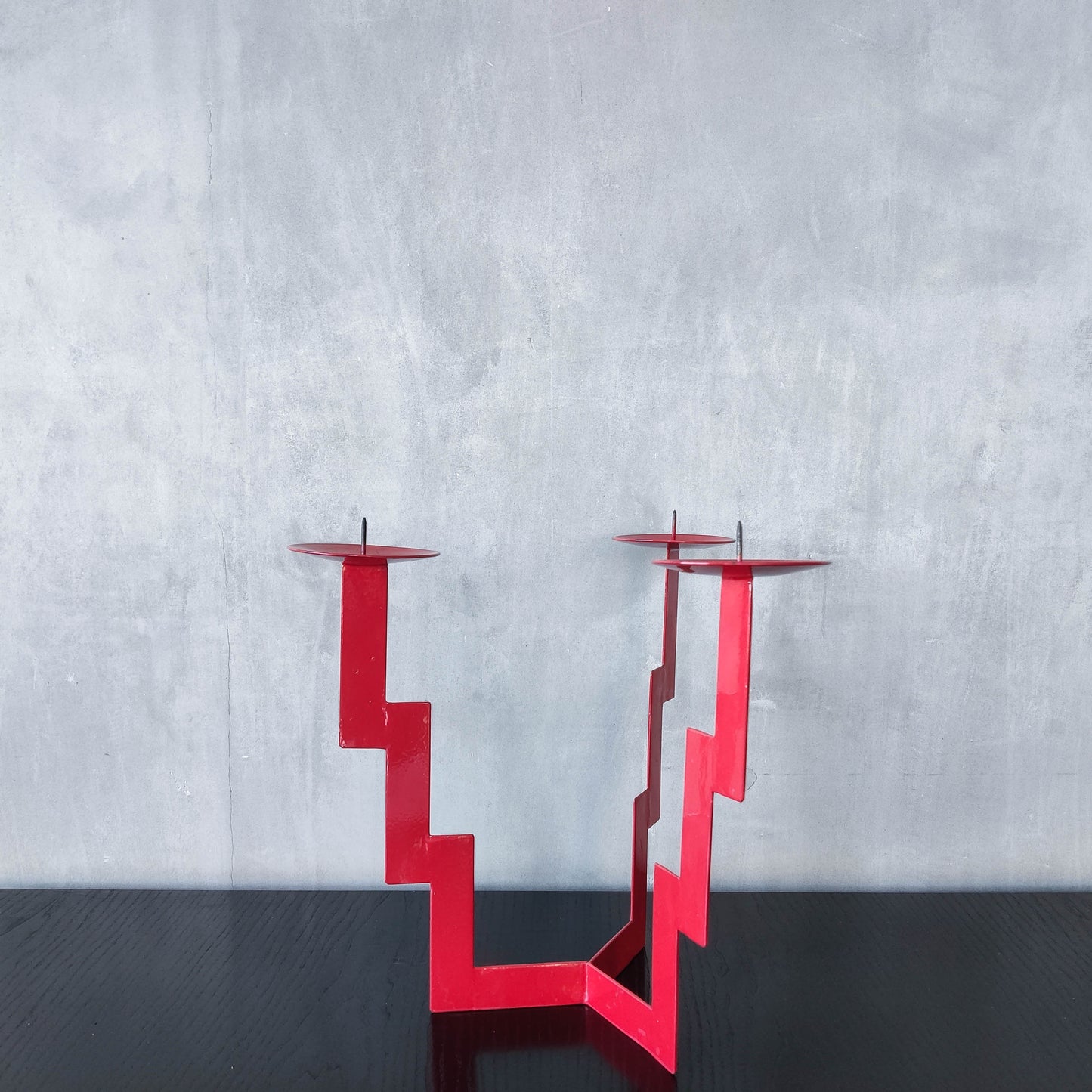 Vintage postmodern style large red steel zigzag candelabra