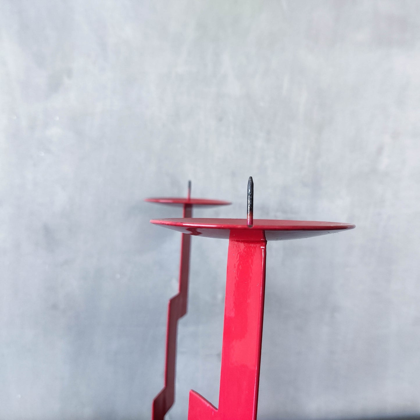 Vintage postmodern style large red steel zigzag candelabra
