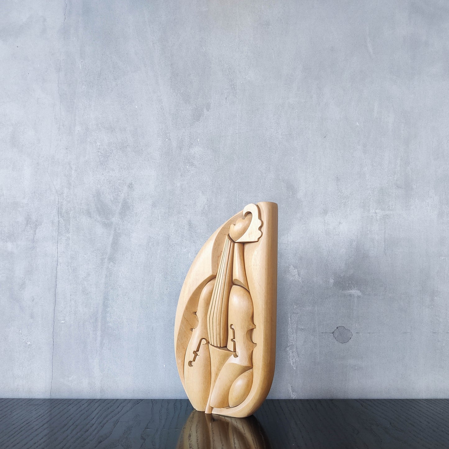 Vintage 00s cubist carved wood violin abstract artist sculpture by Roberto De Fortino