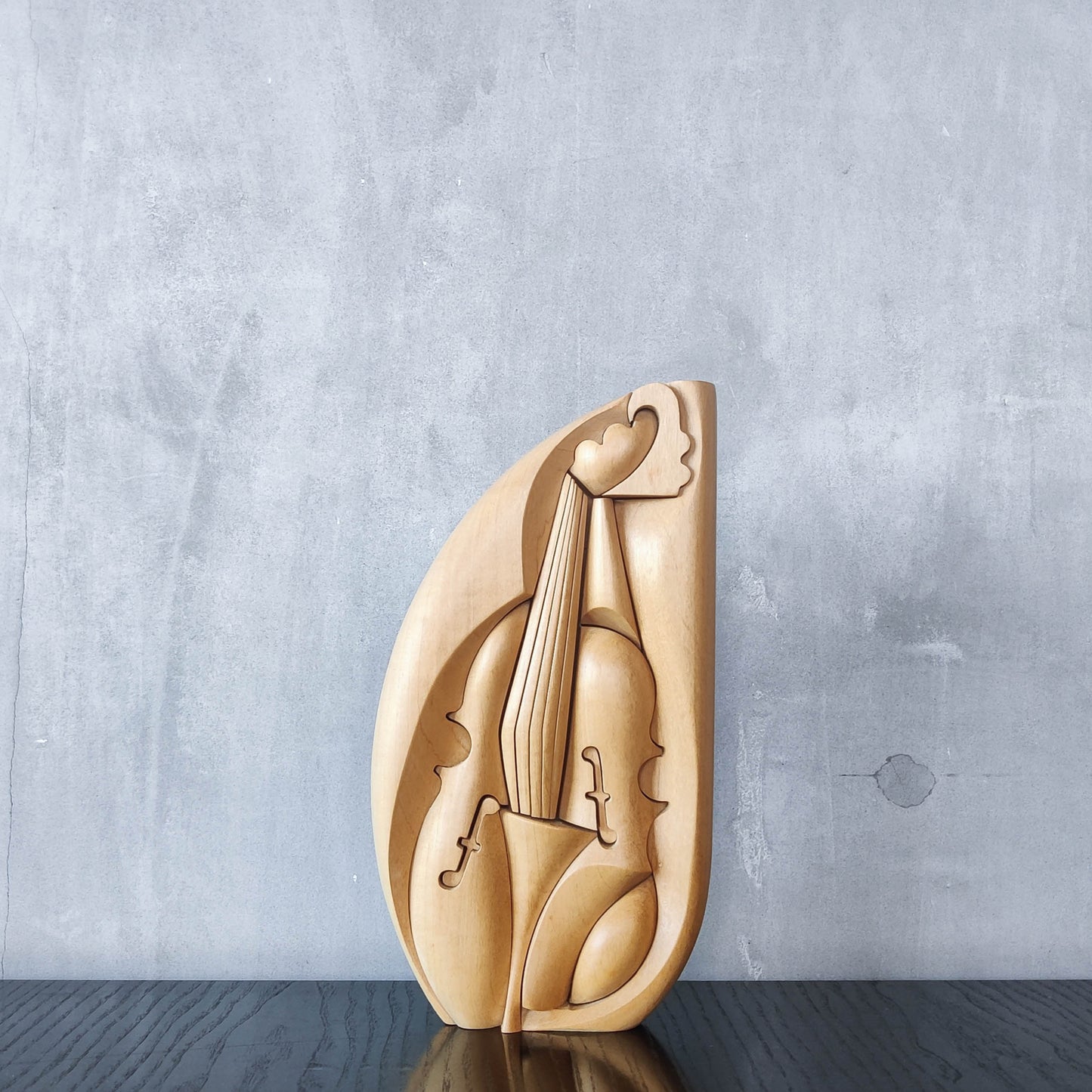 Vintage 00s cubist carved wood violin abstract artist sculpture by Roberto De Fortino