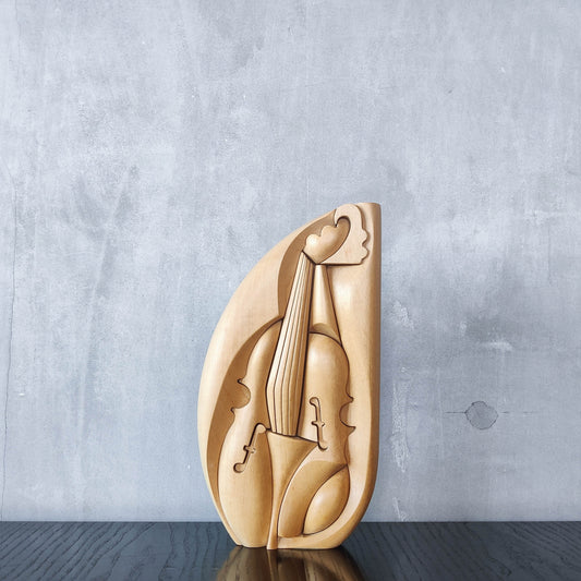 Vintage 00s cubist carved wood violin abstract artist sculpture by Roberto De Fortino
