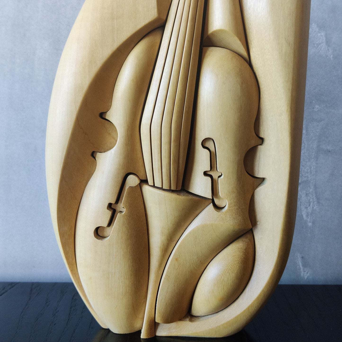 Vintage 00s cubist carved wood violin abstract artist sculpture by Roberto De Fortino